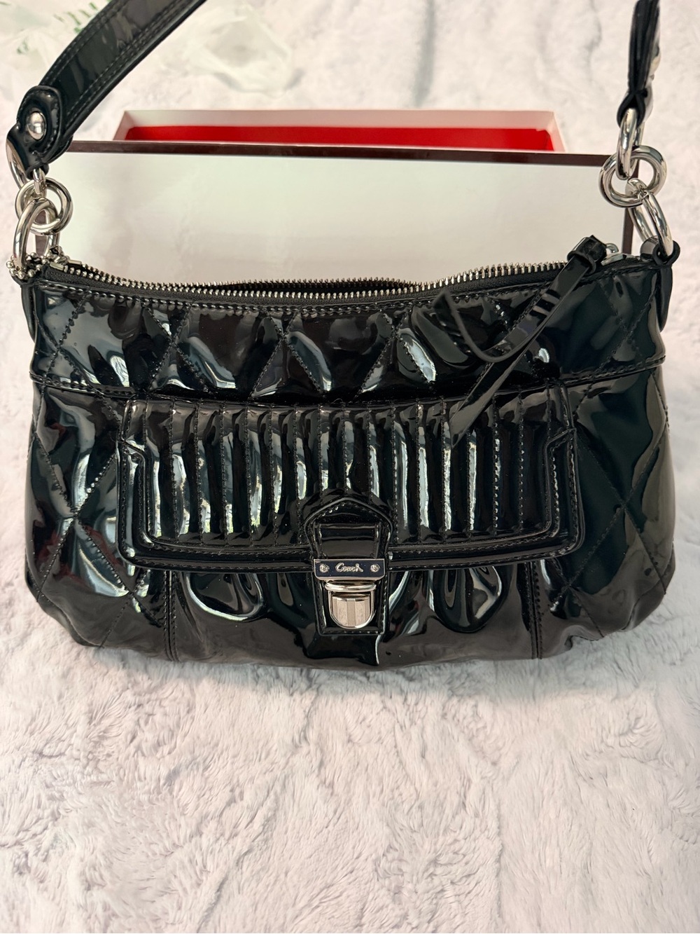 New Coach Poppy liquid gloss black handbag w/ box, dust bag, shoulder strap